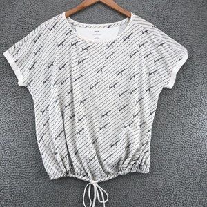 Maeve Anthropologie Womens Large White Graphic Bonjour Cinched Waist Shirt